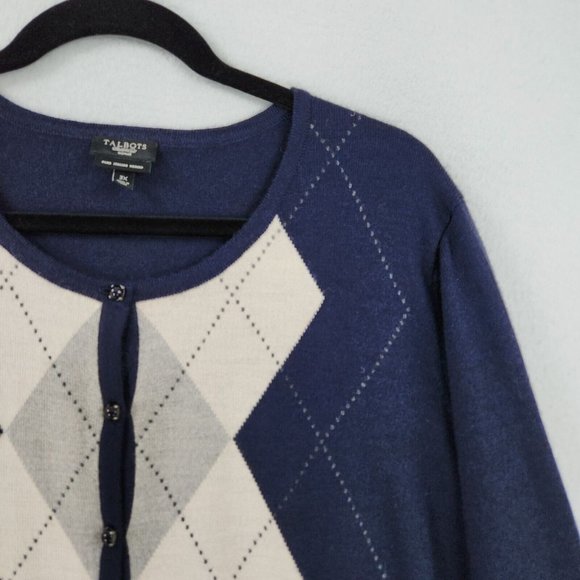 Talbots Sweater Womens 3XL Navy Blue Cream Italian Merino Wool Argyle Cardigan - Picture 2 of 8